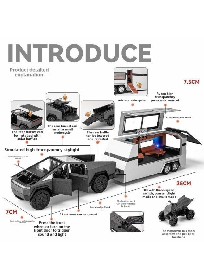 Tesla Cyber Pickup RV Simulation Alloy Car Toy Simulation Car Model Children's Toy Wholesale-Color:1:24 Tesla Pickup Truck + Motorcycle - Image 4