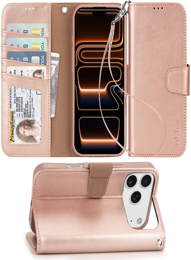 Arae Compatible with iPhone 17 Pro Max Case Wallet with Card Holder, Wristlet Strap Wallet Flip Cover for iPhone 17 Pro Max 6.9 inch Men/Women, RFID Blocking, Kickstand, Rose Gold - Image 1