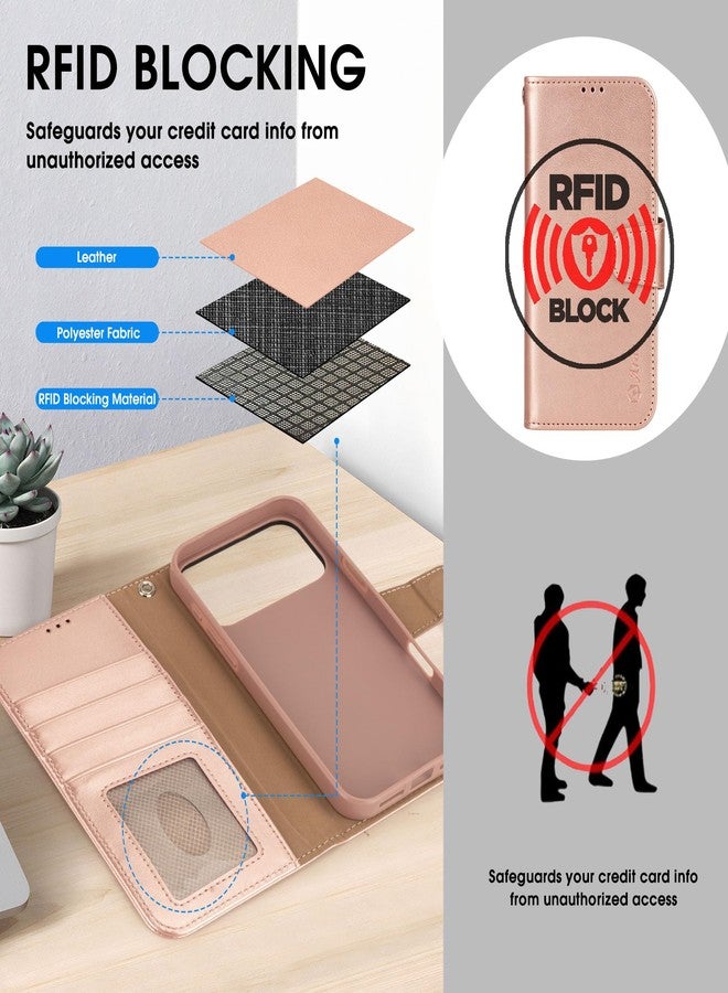 Arae Compatible with iPhone 17 Pro Max Case Wallet with Card Holder, Wristlet Strap Wallet Flip Cover for iPhone 17 Pro Max 6.9 inch Men/Women, RFID Blocking, Kickstand, Rose Gold - Image 4
