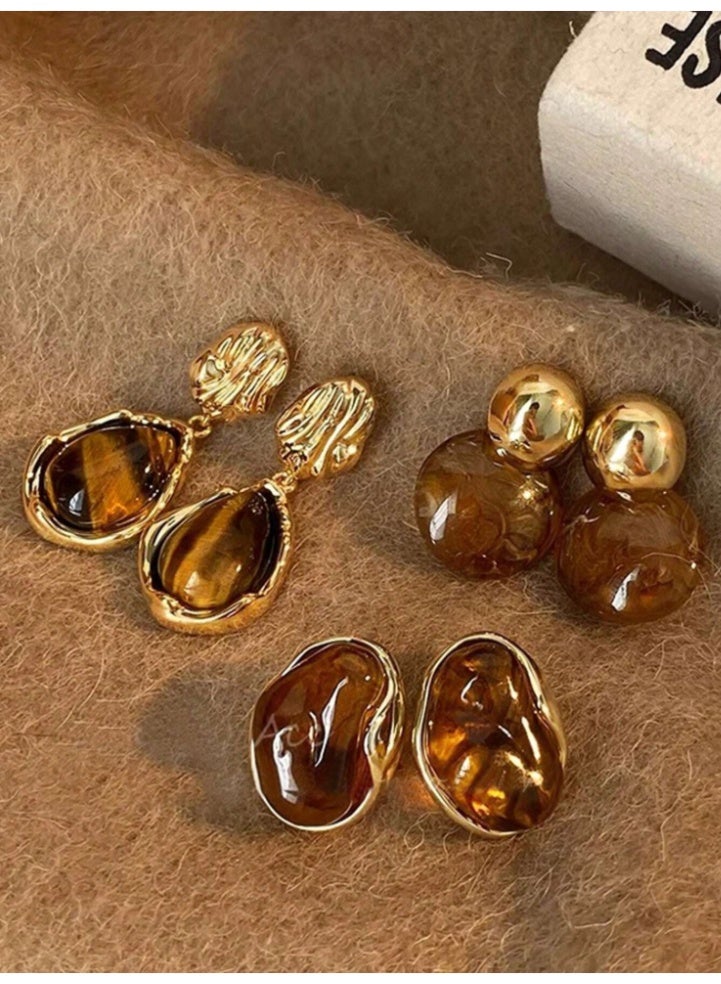 Shein 3-Pair Vintage Elegant Amber Resin Inlaid Earrings Set – High-End Versatile Jewelry for Daily, Party & Wedding Wear - Image 1