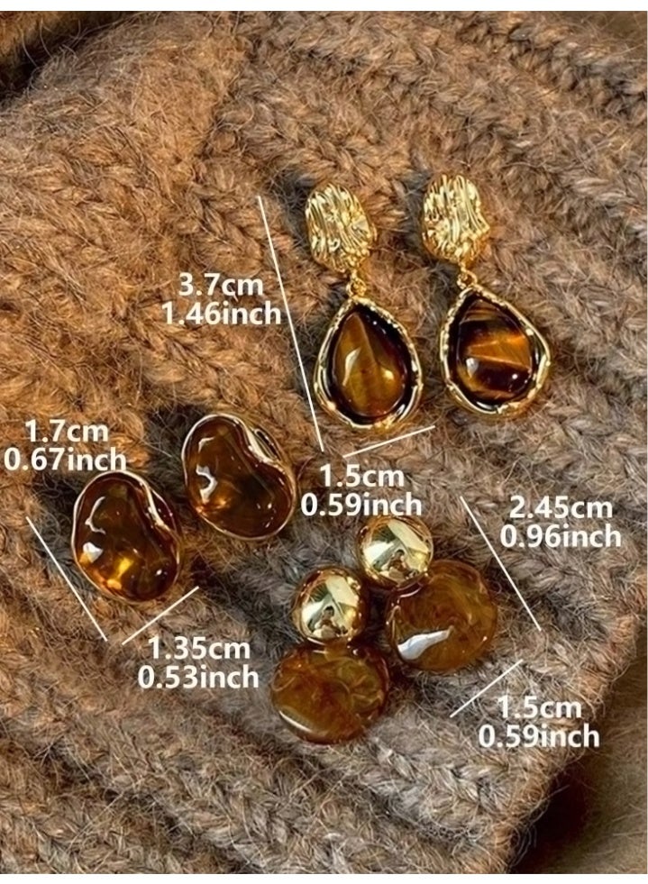 Shein 3-Pair Vintage Elegant Amber Resin Inlaid Earrings Set – High-End Versatile Jewelry for Daily, Party & Wedding Wear - Image 2