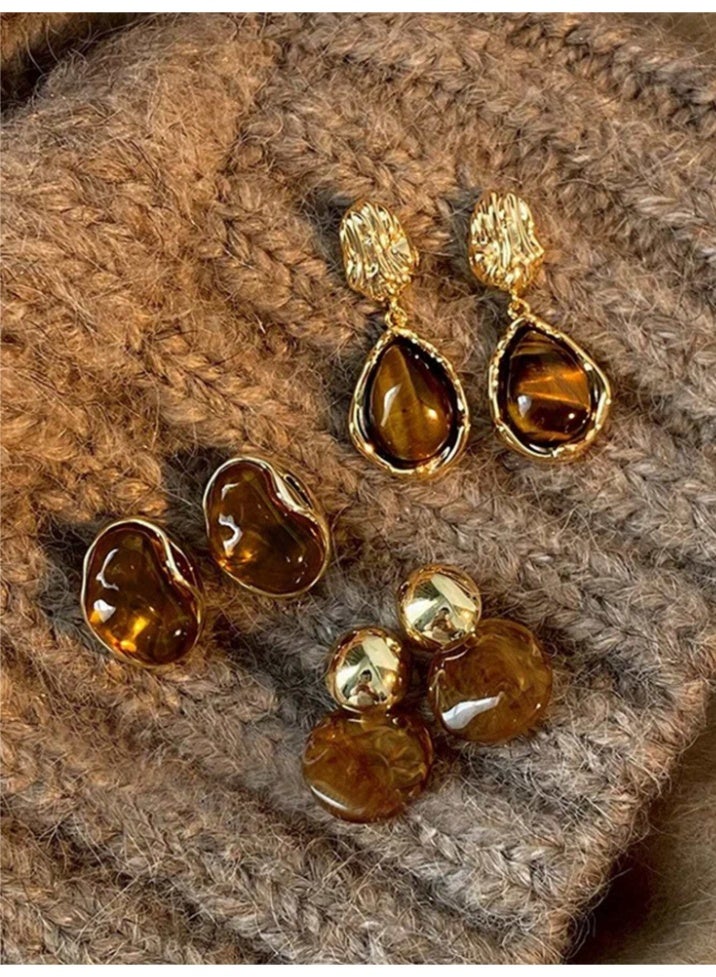 Shein 3-Pair Vintage Elegant Amber Resin Inlaid Earrings Set – High-End Versatile Jewelry for Daily, Party & Wedding Wear - Image 3