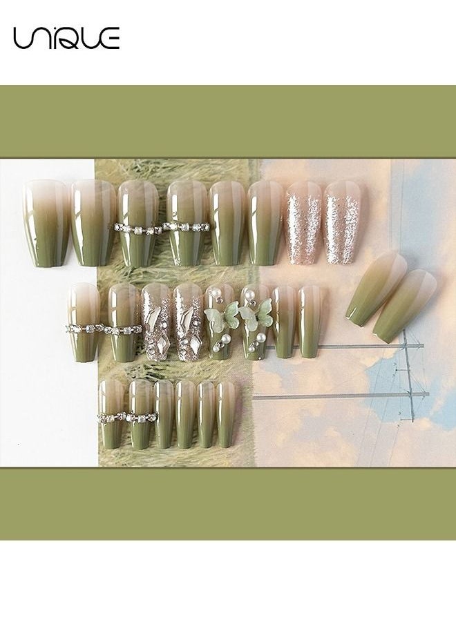 Unique 24 Pcs Fake Nails, Press Nails, French Fake Nails,The Wizard of Oz Fake Nails -Green Butterfly Manicure - Fake Nail Patch  - Image 3