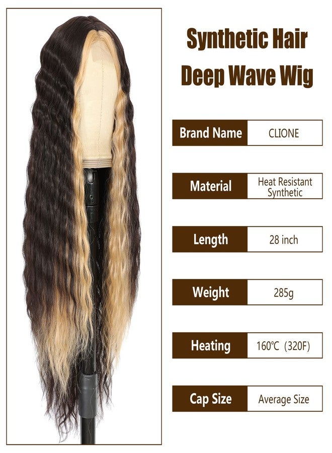 CLIONE 28" Synthetic Curly Wigs for Women Dark Brown Skunk Stripe Wig Deep Wave Wig with Blonde Highlights Long Wavy Lace Front Wigs Synthetic Hair 4" Simulated Scalp Crimps Curls Wig,HL6/15P# - Image 3