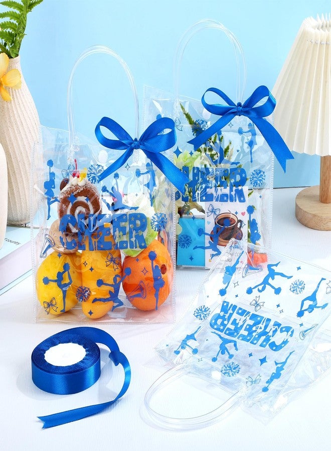 Aodaer 24 Pack Cheer Clear Treat Bags with Handles and 1 Roll Ribbon PVC Gift Bags Cheerleader Goodie Treat Candy Bag for Cheer Team Present Wrap Tote Bags Bulk Cheerleader Party Supplies, Blue - Image 4