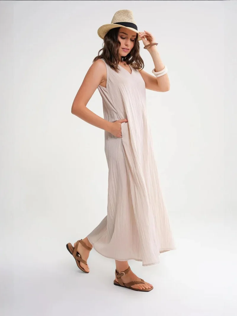 Mixray Stone Natural Mixray V-Neck Maxi Dress for Women | Best Price UAE