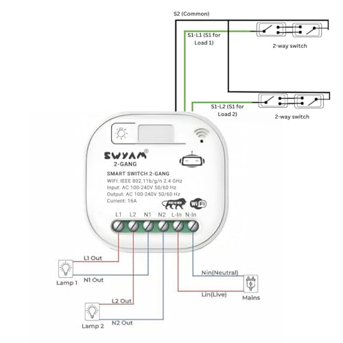 SWYAM® 2-Gang WiFi Smart Switch - Made In India (1-Year Warranty), Electrical Safety, No Hub Required, Supports Alexa & Google, 2-Way Control, 16A Load - Image 4