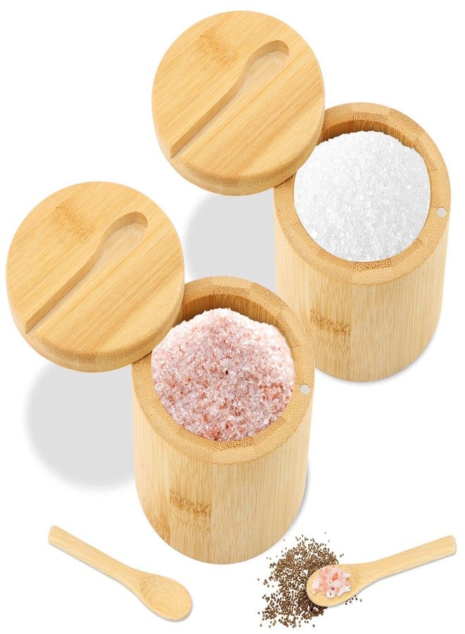 Loyanger Bamboo Salt Cellar with Magnetic Swivel Lid & Spoon, 2Pcs Spice Box Bowl Storage Box Salt Container to Storage Pepper, Table Salt, Gourmet Salts, Spice, Sugar(SIZE:6 oz) - Image 1