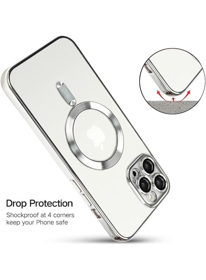 Phone Case Made for iPhone 14 Pro 6.1 Inch with Camera Lens Protector Compatible with MagSafe Anti-Scratch Shockproof Electroplated Slim Phone Cover for Women Men - Silver - Image 3