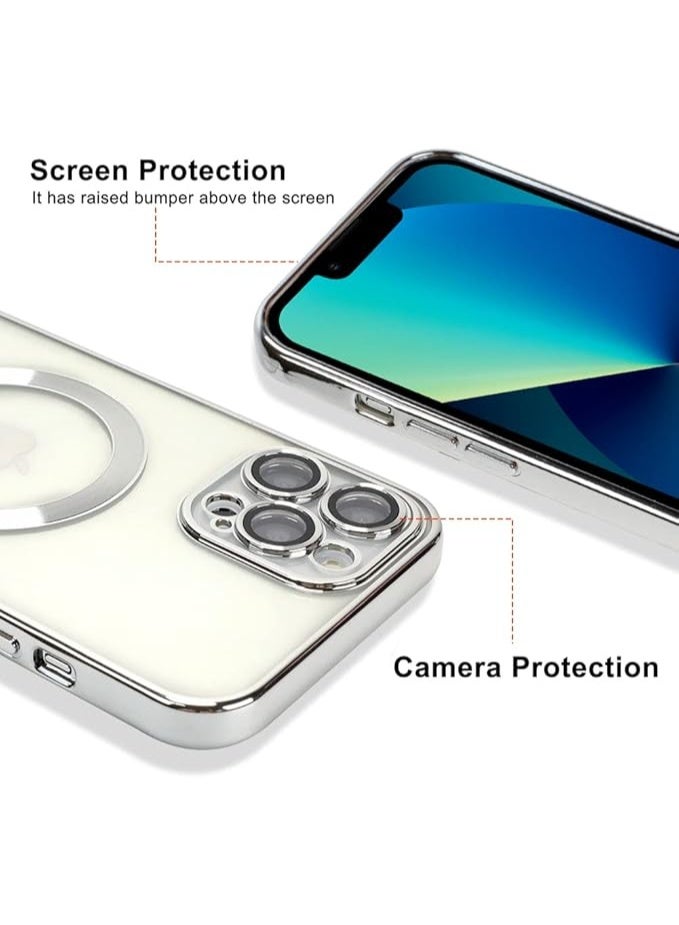 Phone Case Made for iPhone 14 Pro 6.1 Inch with Camera Lens Protector Compatible with MagSafe Anti-Scratch Shockproof Electroplated Slim Phone Cover for Women Men - Silver - Image 4