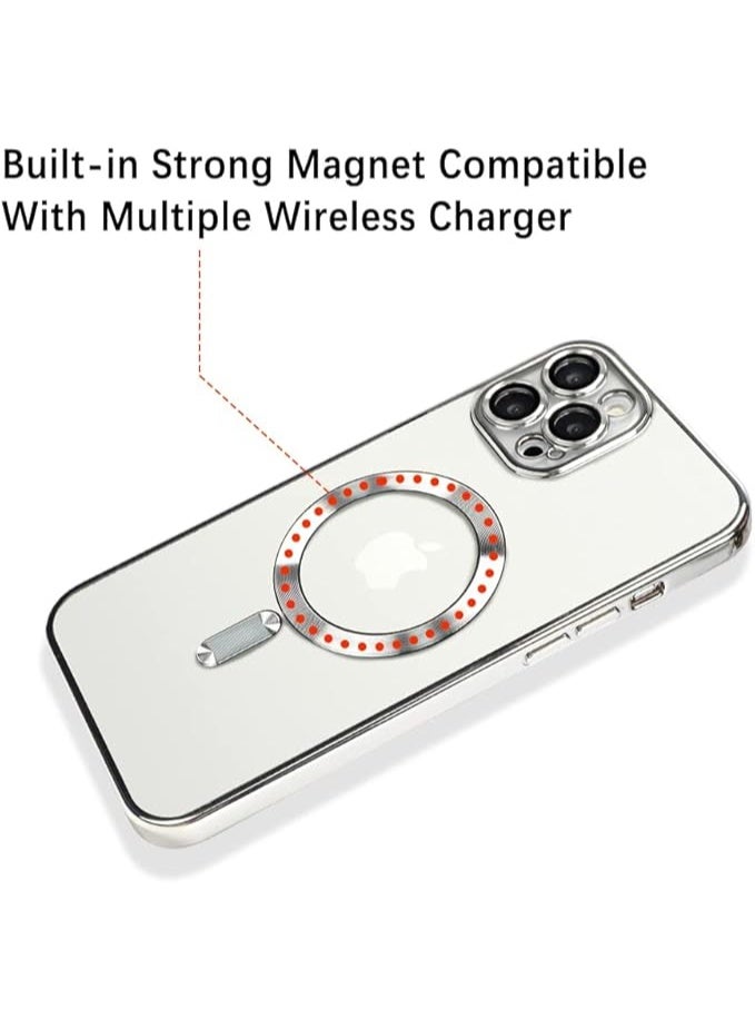 Phone Case Made for iPhone 14 Pro 6.1 Inch with Camera Lens Protector Compatible with MagSafe Anti-Scratch Shockproof Electroplated Slim Phone Cover for Women Men - Silver - Image 2