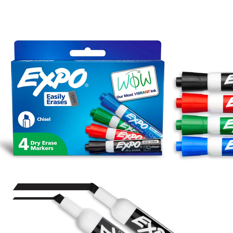 EXPO Low Odor Dry Erase Markers, Chisel Tip, Assorted Colors, 4 Count - Image 1