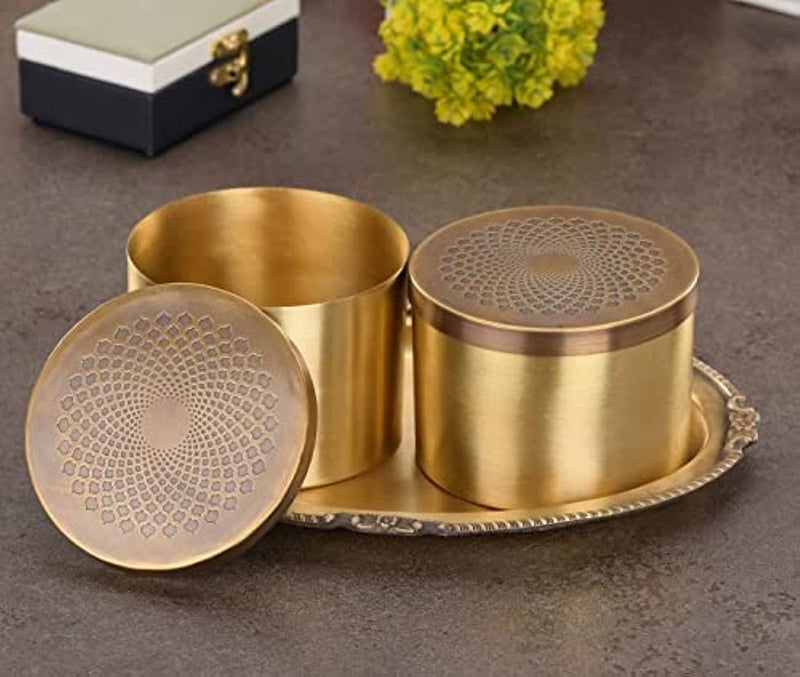Brass Set of 2 MultiUtility Dry Fruit Storage Containers with Tray  Elegant Canister  Gift Box for Diwali