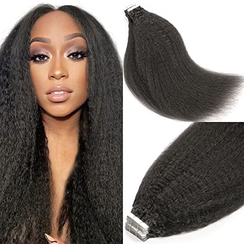 Lacer Kinky Straight Tape in Hair Extensions - Human Hair, Invisible, Thick, Natural for Black Women - 18 Inch, 20 Pieces, 50G - Black - Image 1