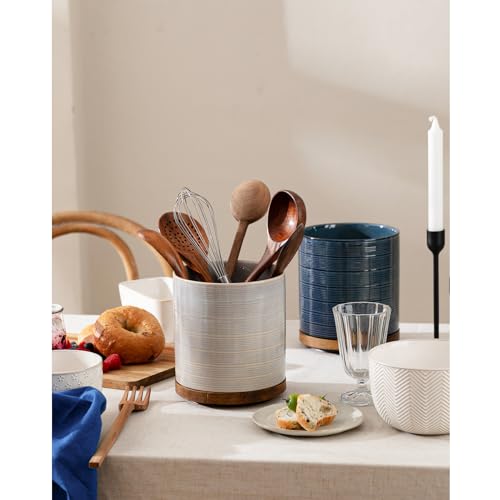 MIKIGEY Utensil Holder, 360° Rotating Extra Large Ceramic Kitchen Utensil Holder for Countertop, 7.3“ Cooking Utensil Crocks for Kitchen Counter with Rotatable Wooden Base, Farmhouse Decor, Dusty Blue - Image 5