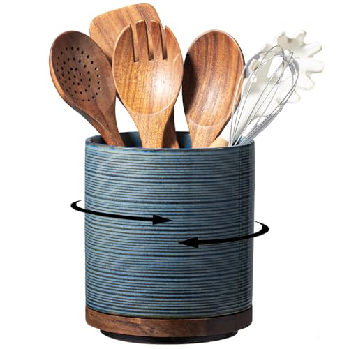 MIKIGEY Utensil Holder, 360° Rotating Extra Large Ceramic Kitchen Utensil Holder for Countertop, 7.3“ Cooking Utensil Crocks for Kitchen Counter with Rotatable Wooden Base, Farmhouse Decor, Dusty Blue - Image 1