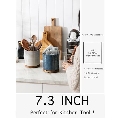 MIKIGEY Utensil Holder, 360° Rotating Extra Large Ceramic Kitchen Utensil Holder for Countertop, 7.3“ Cooking Utensil Crocks for Kitchen Counter with Rotatable Wooden Base, Farmhouse Decor, Dusty Blue - Image 4