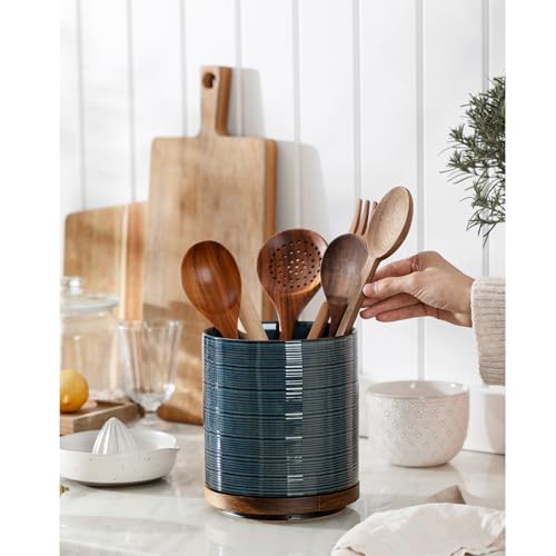 MIKIGEY Utensil Holder, 360° Rotating Extra Large Ceramic Kitchen Utensil Holder for Countertop, 7.3“ Cooking Utensil Crocks for Kitchen Counter with Rotatable Wooden Base, Farmhouse Decor, Dusty Blue - Image 2
