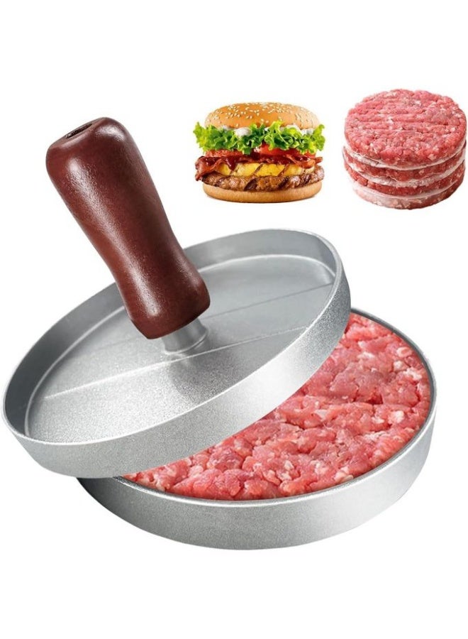 مكبس برجر دائري أداة من سبائك الألومنيوم غير لاصقة بمقبض خشبي لبرجر مثالي - Image 1