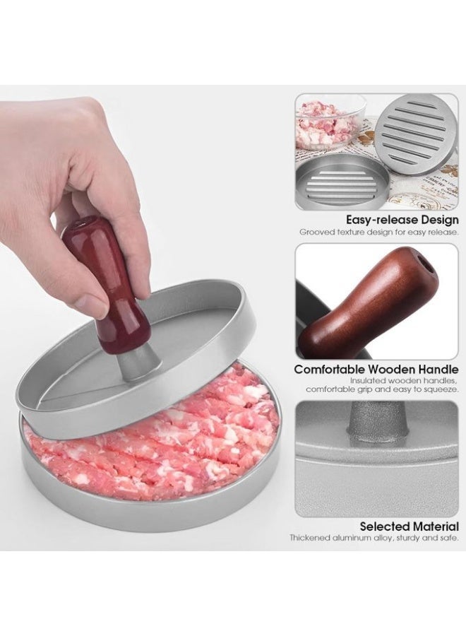 مكبس برجر دائري أداة من سبائك الألومنيوم غير لاصقة بمقبض خشبي لبرجر مثالي - Image 3