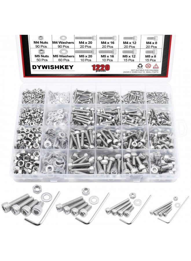 DYWISHKEY DYWISHKEY 1220 PCS M2 M3 M4 M5, 304 Stainless Steel Hex Socket Head Cap Bolts Screws Nuts Washers Assortment Kit with Hex Wrenches - Image 1