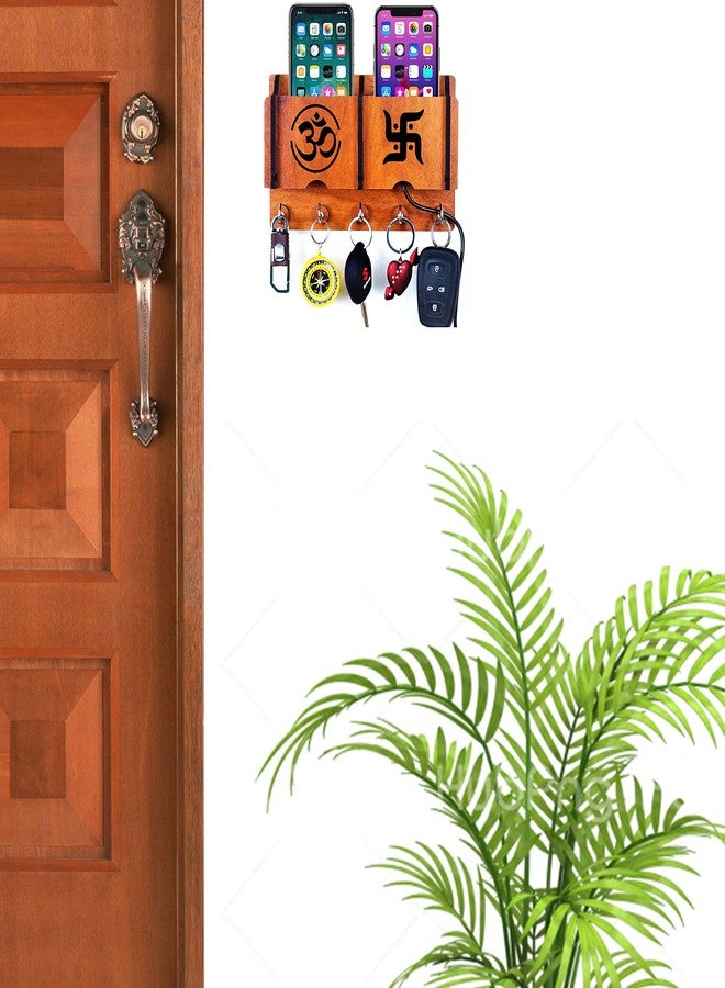 AMBVIN Om Swastik Key Holder for Home Office Decor | Wall Stylish Wooden Keychain Hanger Organiser Rack Shelve | with 2 Pocket Mobile Charging Stand (5 Hook) Pack of 1,Beige - Image 2