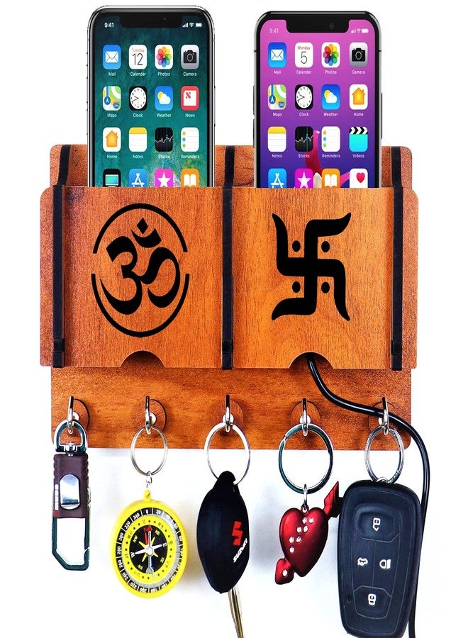 AMBVIN Om Swastik Key Holder for Home Office Decor | Wall Stylish Wooden Keychain Hanger Organiser Rack Shelve | with 2 Pocket Mobile Charging Stand (5 Hook) Pack of 1,Beige - Image 1