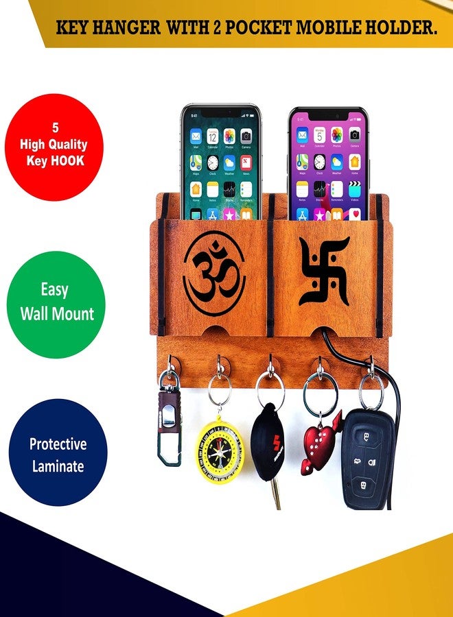 AMBVIN Om Swastik Key Holder for Home Office Decor | Wall Stylish Wooden Keychain Hanger Organiser Rack Shelve | with 2 Pocket Mobile Charging Stand (5 Hook) Pack of 1,Beige - Image 4