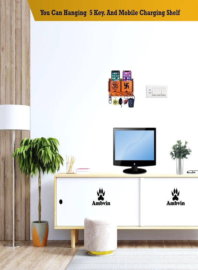 AMBVIN Om Swastik Key Holder for Home Office Decor | Wall Stylish Wooden Keychain Hanger Organiser Rack Shelve | with 2 Pocket Mobile Charging Stand (5 Hook) Pack of 1,Beige - Image 3