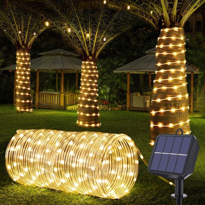 SOLAR ROPE LIGHTS 66FT 200LED SOLAR STRING LIGHTS 8 MODES WATERPROOF SOLAR POWERED OUTDOOR LIGHT FLEXIBLE CLEAR TUBE LIGHT FOR GARDEN BACKYARD PATIO DECK PORCH POOL TREE DECOR WARM WHITE