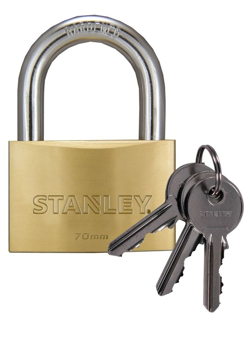 Stanley Padlock Brass 70mm Standard Shackle with 3 Keys - Image 1