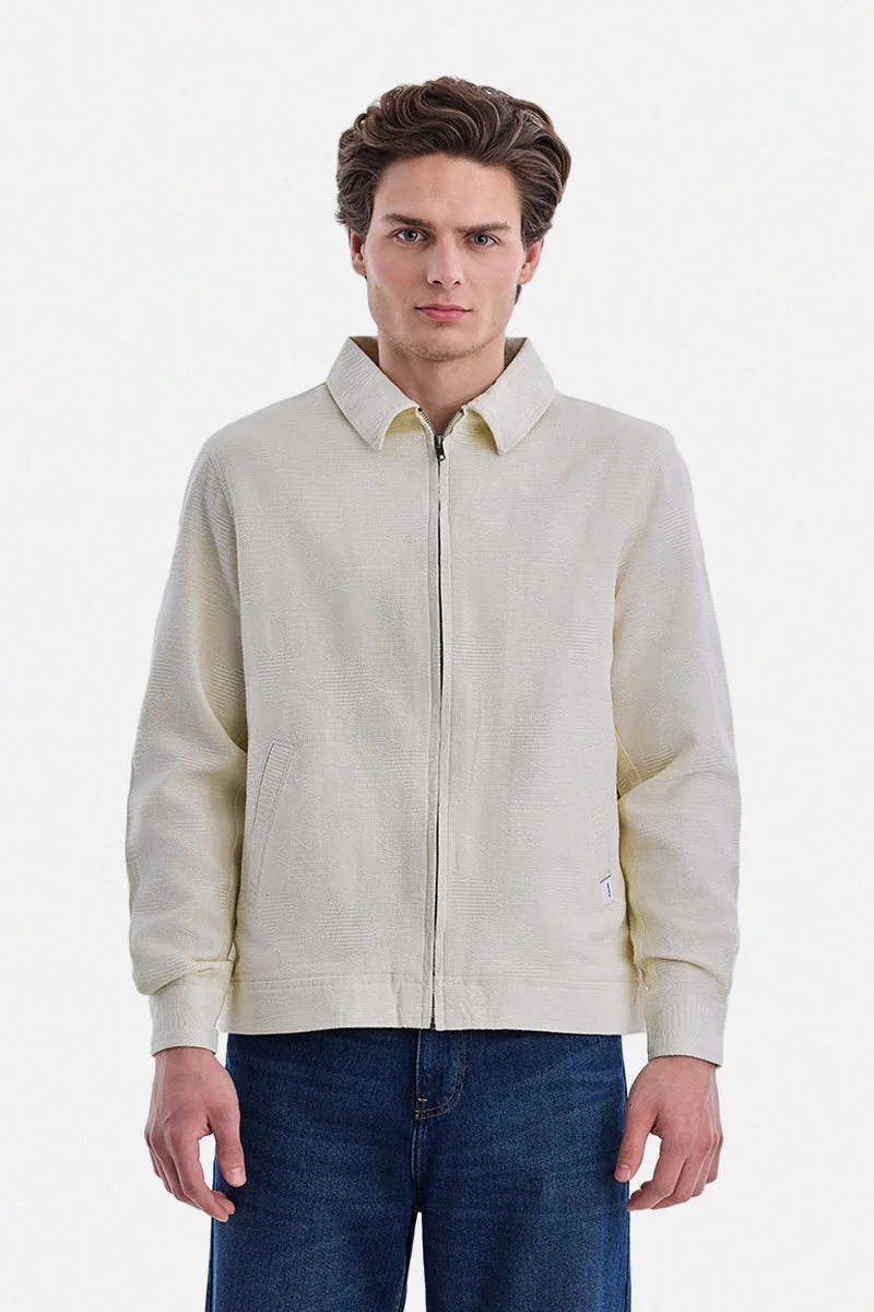 SNITCH Off White Regular Fit Textured Zipper Jacket for Men | Best Price UAE