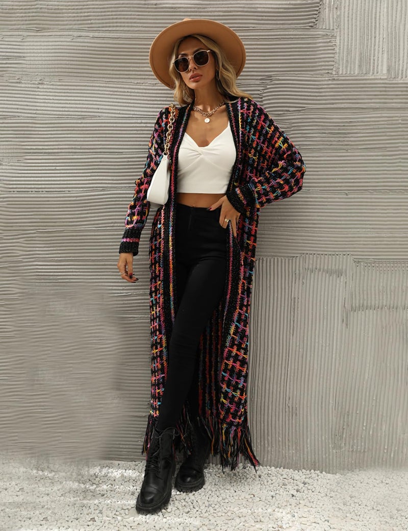 Perbai Womens Boho Cardigan Sweater Open Front Fringed Tassels Aztec Maxi Cardigan Jacket(Purple-L) - Image 4