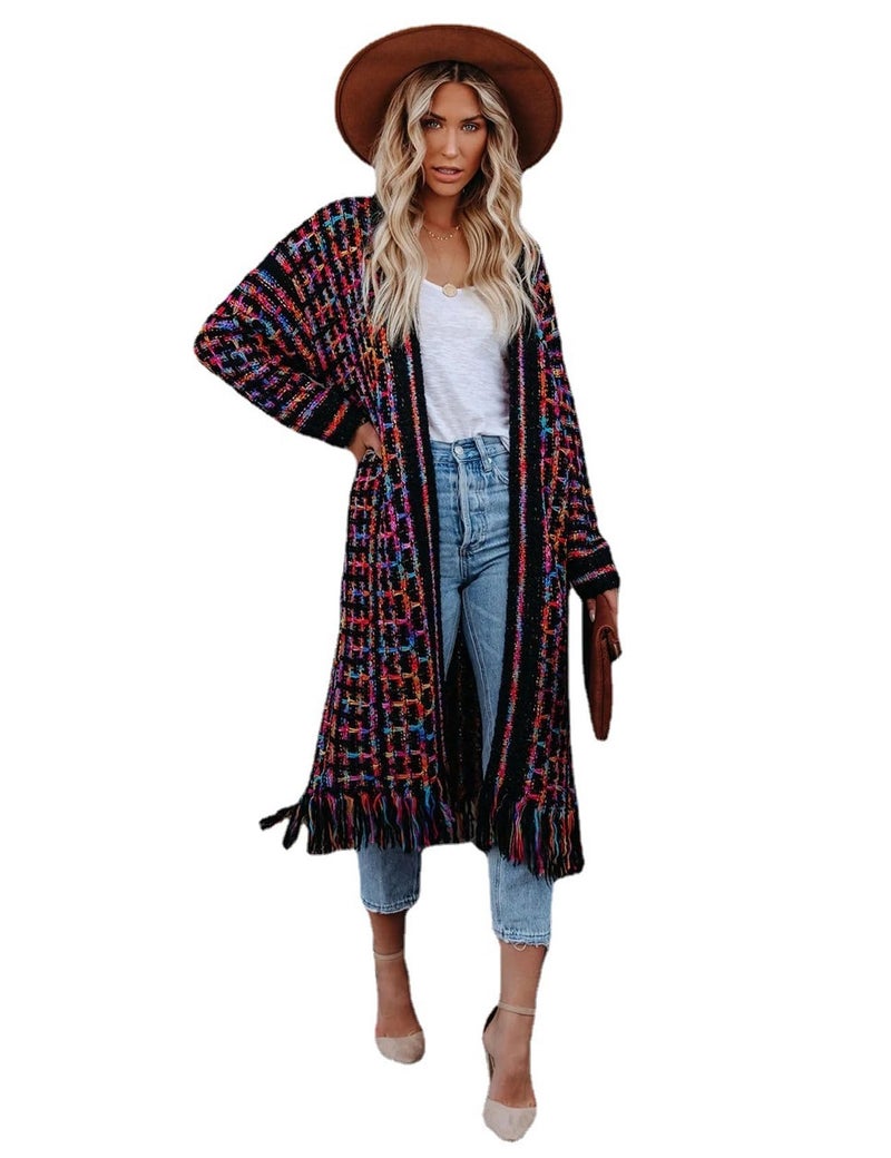 Perbai Womens Boho Cardigan Sweater Open Front Fringed Tassels Aztec Maxi Cardigan Jacket(Purple-L) - Image 5