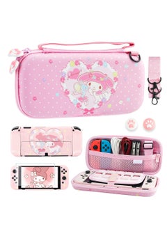 Pink Carrying Case with Bunny Pattern for Nintendo Switch OLED, Hard Storage Case for Switch OLED with Hard Protective Case, Shoulder Strap, Hand Strap, Screen Protector and 2 Thumb Caps