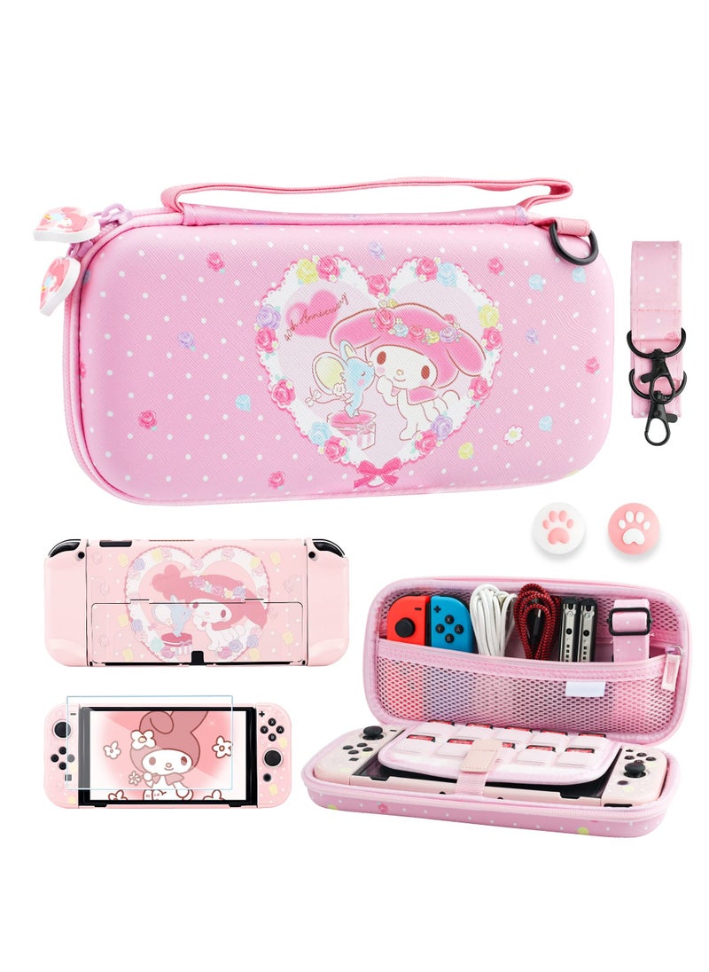 SYOSI - Pink Carrying Case with Bunny Pattern for Nintendo Switch OLED, Hard Storage Case for Switch OLED with Hard Protective Case, Shoulder Strap, Hand Strap, Screen Protector and 2 Thumb Caps - Image 1