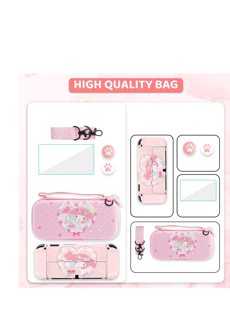 SYOSI - Pink Carrying Case with Bunny Pattern for Nintendo Switch OLED, Hard Storage Case for Switch OLED with Hard Protective Case, Shoulder Strap, Hand Strap, Screen Protector and 2 Thumb Caps - Image 1