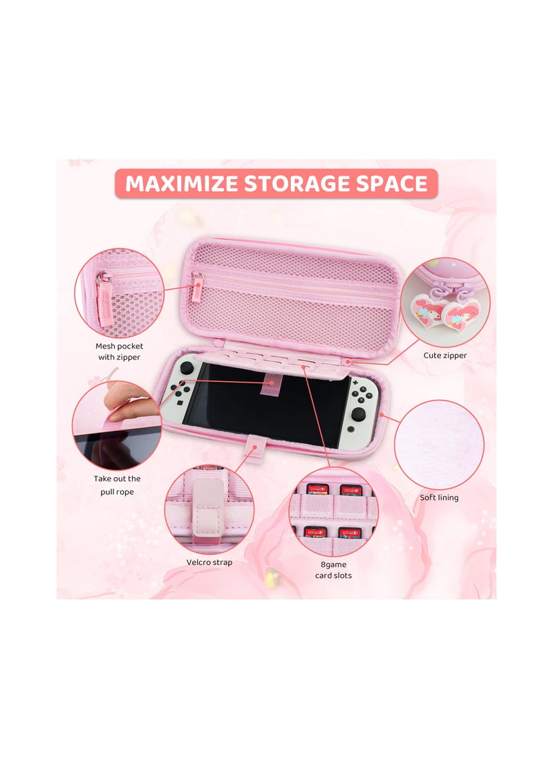 SYOSI - Pink Carrying Case with Bunny Pattern for Nintendo Switch OLED, Hard Storage Case for Switch OLED with Hard Protective Case, Shoulder Strap, Hand Strap, Screen Protector and 2 Thumb Caps - Image 1