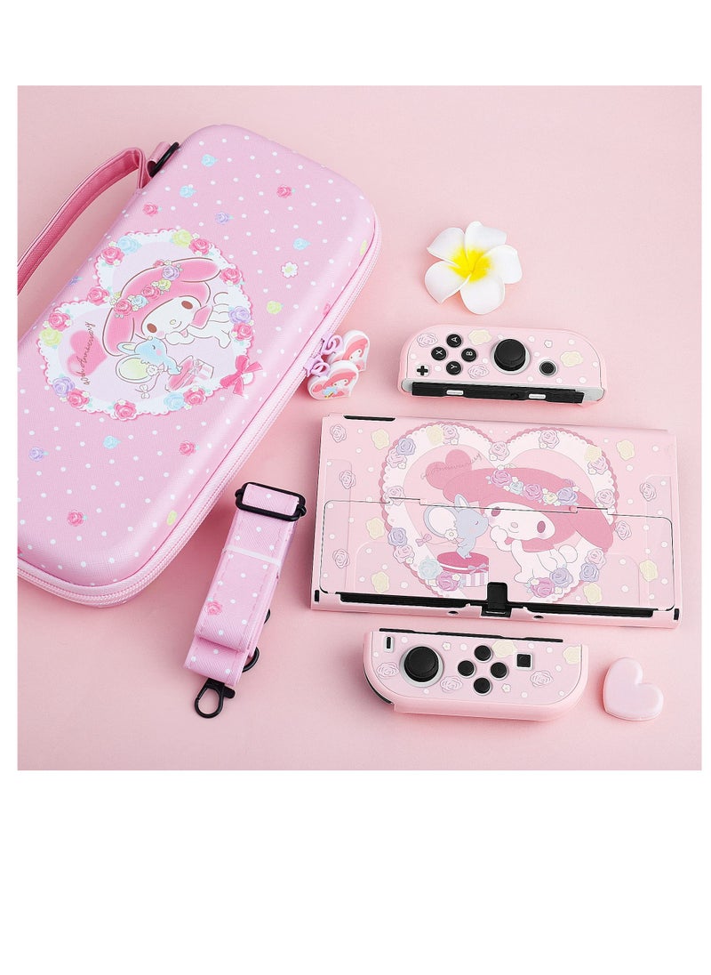 SYOSI - Pink Carrying Case with Bunny Pattern for Nintendo Switch OLED, Hard Storage Case for Switch OLED with Hard Protective Case, Shoulder Strap, Hand Strap, Screen Protector and 2 Thumb Caps - Image 1