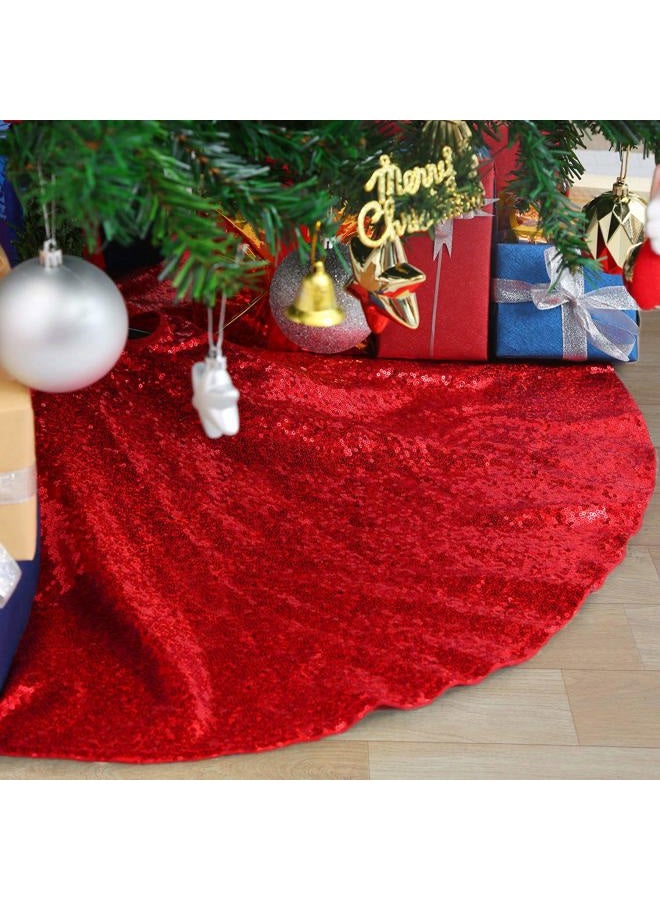 B.Cool Shiny Tree Skirts for Christmas Elegant Christmas Tree Skirts Xmas Holiday Red Tree Floor Carpets Fabrc Round 36inches - Image 1