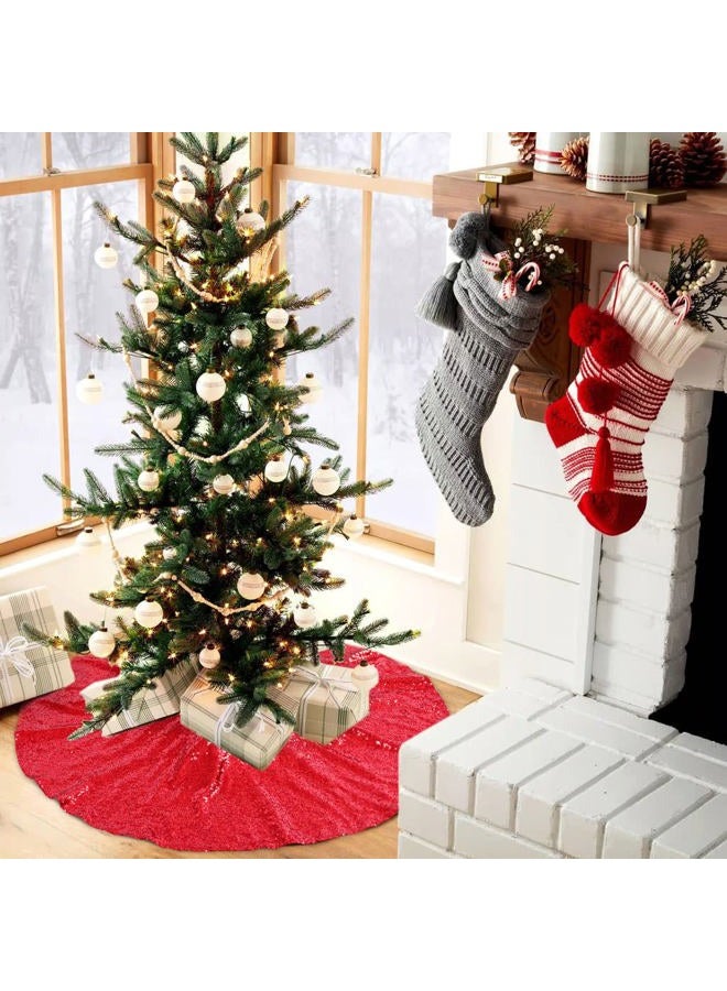 B.Cool Shiny Tree Skirts for Christmas Elegant Christmas Tree Skirts Xmas Holiday Red Tree Floor Carpets Fabrc Round 36inches - Image 2