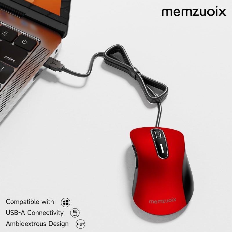 memzuoix Wired Mouse, USB Computer Mouse 1400 DPI Mobile Optical Mouse Ergonomic Design Computer Mice with 5FT Cord for Laptop, PC, Desktop, MacBook, 5 Buttons (Pomegranate Red) - Image 2