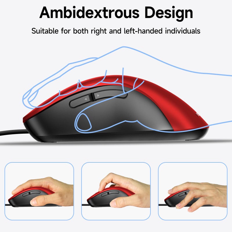 memzuoix Wired Mouse, USB Computer Mouse 1400 DPI Mobile Optical Mouse Ergonomic Design Computer Mice with 5FT Cord for Laptop, PC, Desktop, MacBook, 5 Buttons (Pomegranate Red) - Image 5