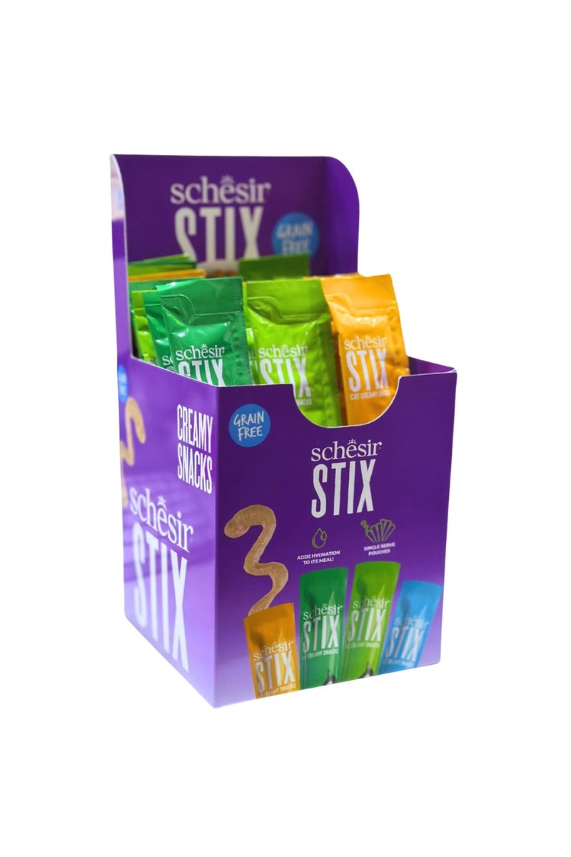 شيسر شيسير ستكس وجبة خفيفة للقطط – عبوة صيفية مشكلة 24 كيس × 15 جم – نكهات الدجاج والبط والسلمون والتونة – بروتين عالي، خالية من الحبوب، قوام كريمي، ترطيب إضافي، مناسبة للتقديم المباشر - Image 1