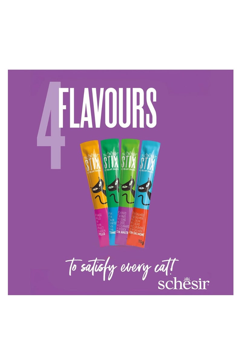 شيسر شيسير ستكس وجبة خفيفة للقطط – عبوة صيفية مشكلة 24 كيس × 15 جم – نكهات الدجاج والبط والسلمون والتونة – بروتين عالي، خالية من الحبوب، قوام كريمي، ترطيب إضافي، مناسبة للتقديم المباشر - Image 2