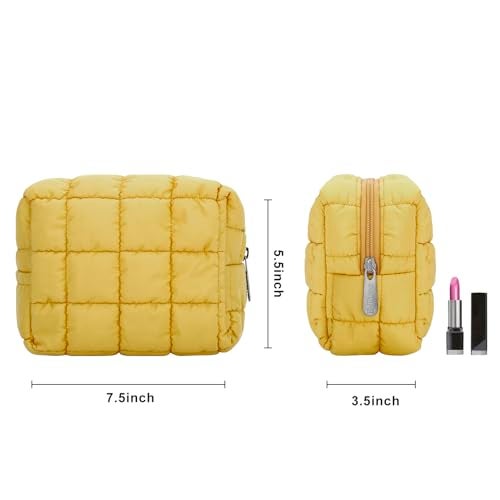 E-Tree Cute Makeup Bag,Quilted Cosmetic Bag,Make up Pouch for Purse,Toiletry Zipper Pouch,Checkered Bag,Travel Case,Storage Pouches for Organization (Yellow) - Image 2
