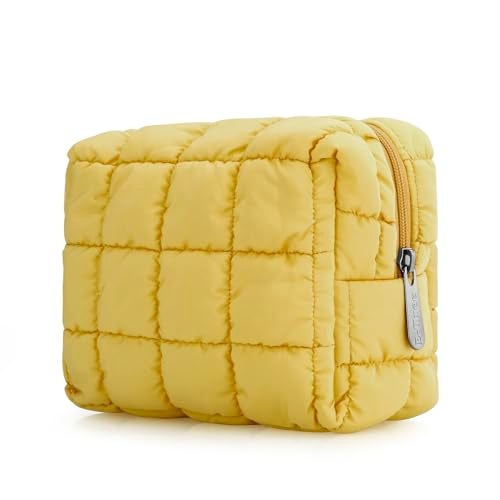 E-Tree Cute Makeup Bag,Quilted Cosmetic Bag,Make up Pouch for Purse,Toiletry Zipper Pouch,Checkered Bag,Travel Case,Storage Pouches for Organization (Yellow) - Image 1