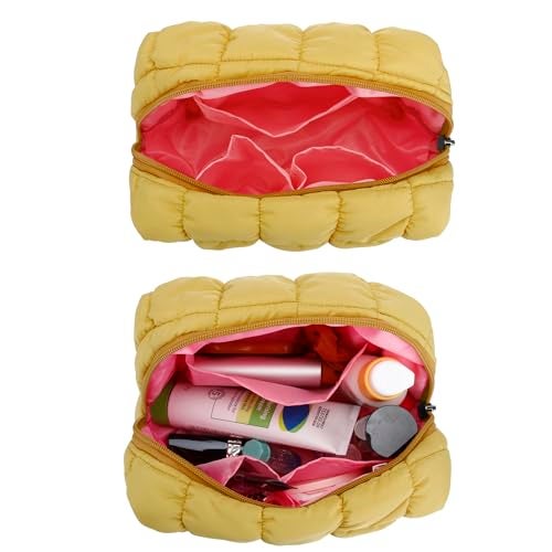 E-Tree Cute Makeup Bag,Quilted Cosmetic Bag,Make up Pouch for Purse,Toiletry Zipper Pouch,Checkered Bag,Travel Case,Storage Pouches for Organization (Yellow) - Image 5