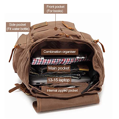 AUGUR High Capacity Canvas Vintage Backpack - for School Travel 12-15" Laptop Backapcks for Men Casual Daypacks Rucksack (M-Coffee) - Image 5