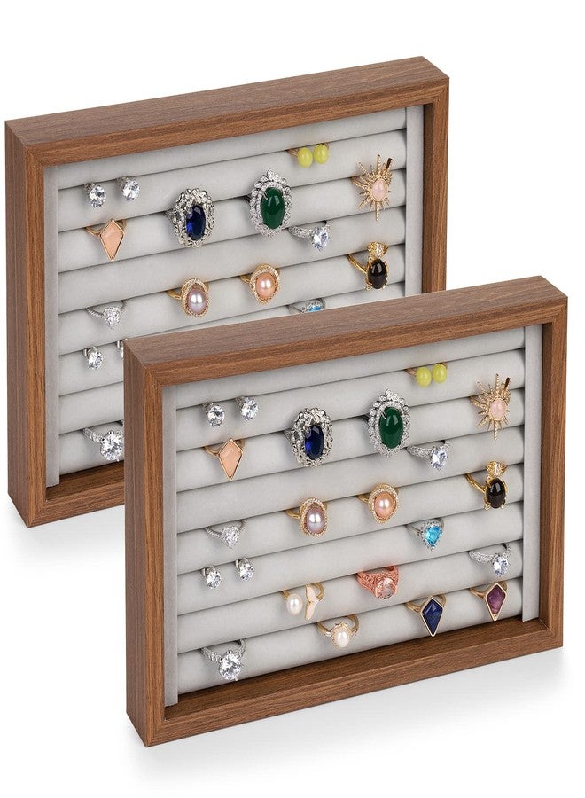 Elsjoy 2 Pack Ring Organizer Tray, Wooden Ring Holder Display Case, Velvet Jewelry Tray for Rings & Earrings - Image 1